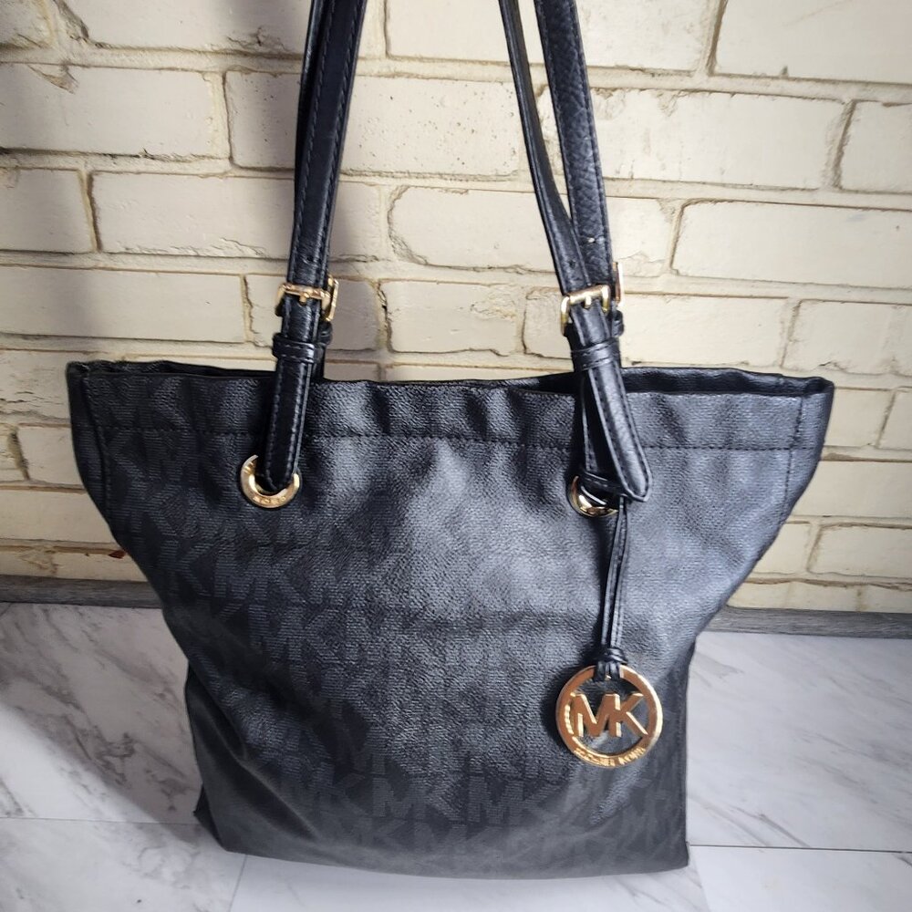 Like New Michael Kors Black Leather Monogrammed Tote Bag Purse